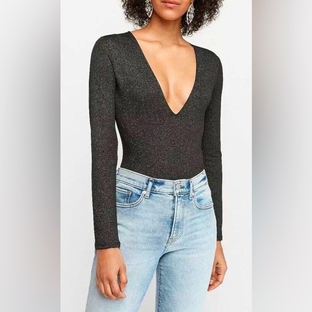 Express Metallic Sparkly Shimmer V-neck Long-sleeve Bodysuit Top Black XS